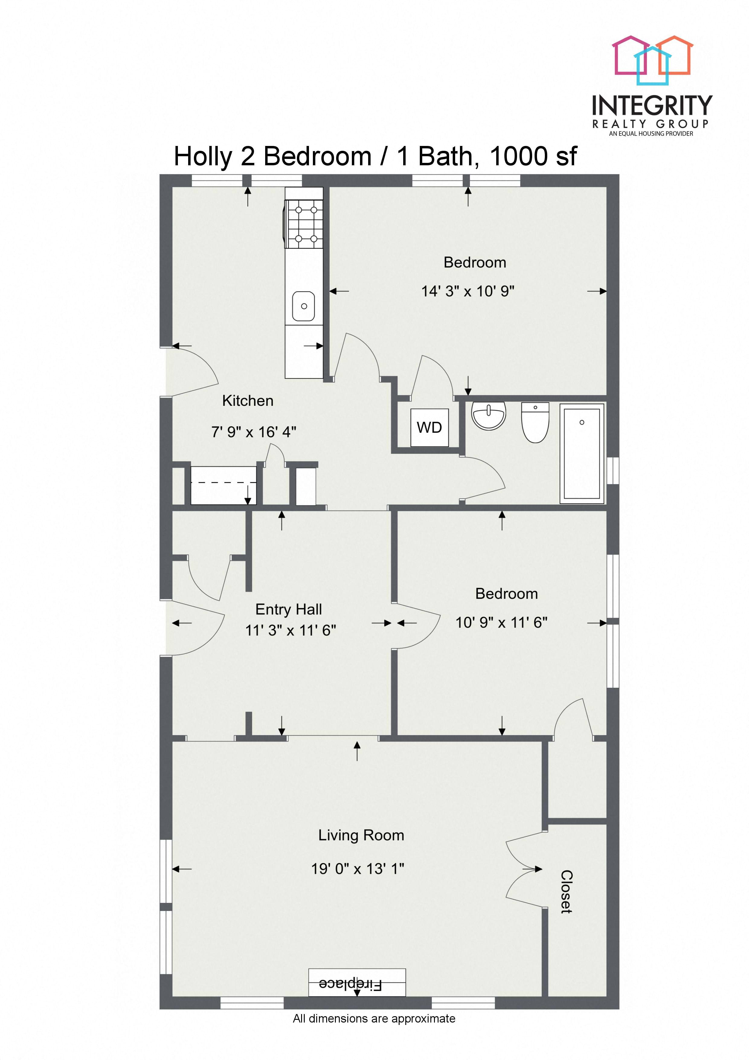 Floor plan layout diagram for The Holly 2 Bedroom 1 Bath A